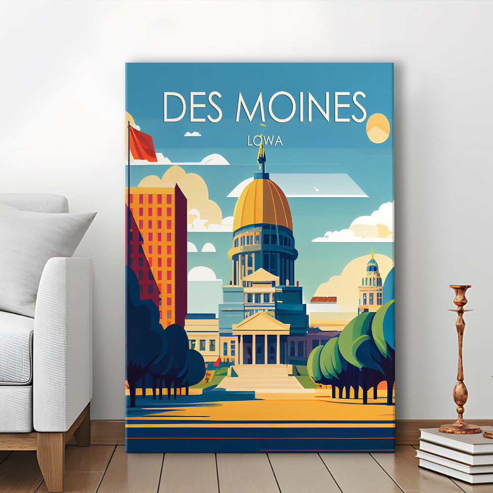 Des Moines Iowa Retro Art Print, Des Moines City Wall Art, Canvas Print, Painting Canvas, Living Room Decor