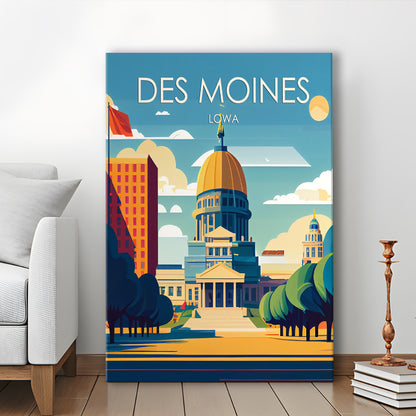 Des Moines Iowa Retro Art Print, Des Moines City Wall Art, Canvas Print, Painting Canvas, Living Room Decor