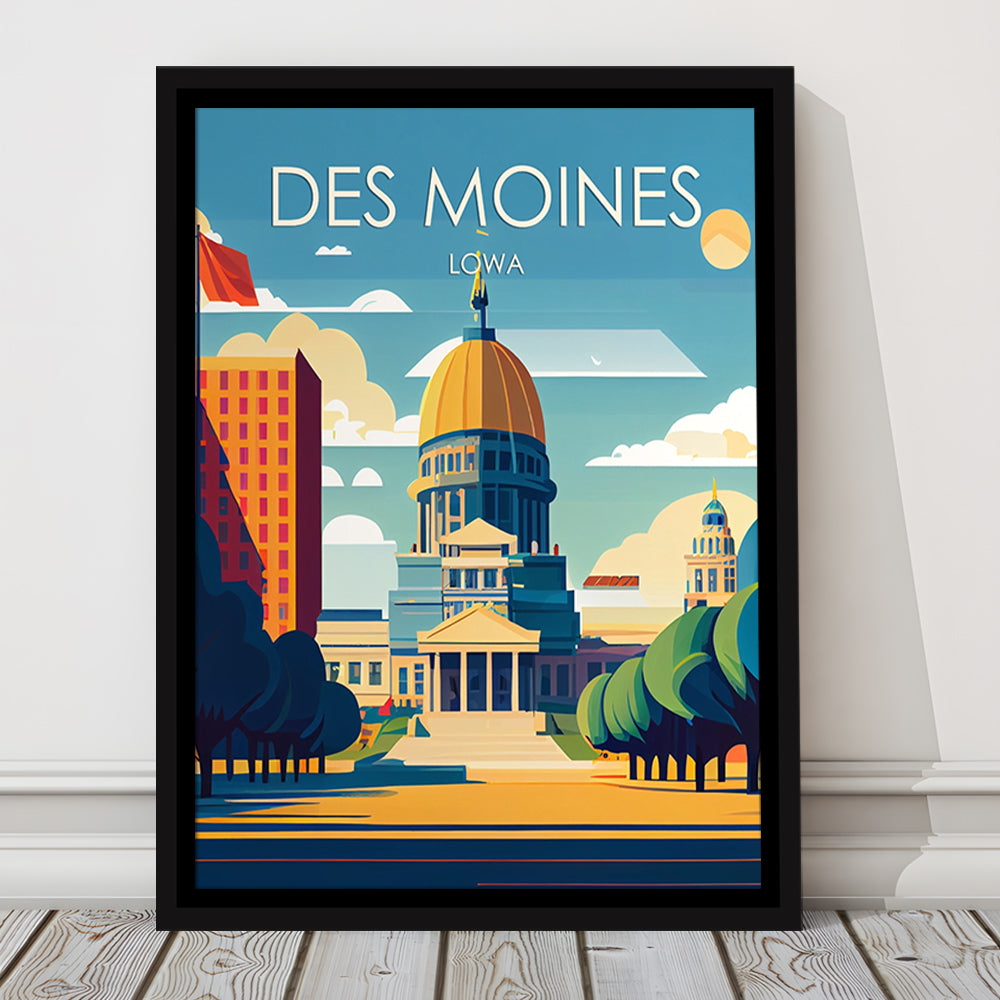 Des Moines Iowa Retro Art Print, Des Moines City Wall Art, Floating Framed Canvas Print, Framed Picture, Painting Canvas