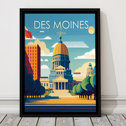 Des Moines Iowa Retro Art Print, Des Moines City Wall Art, Floating Framed Canvas Print, Framed Picture, Painting Canvas