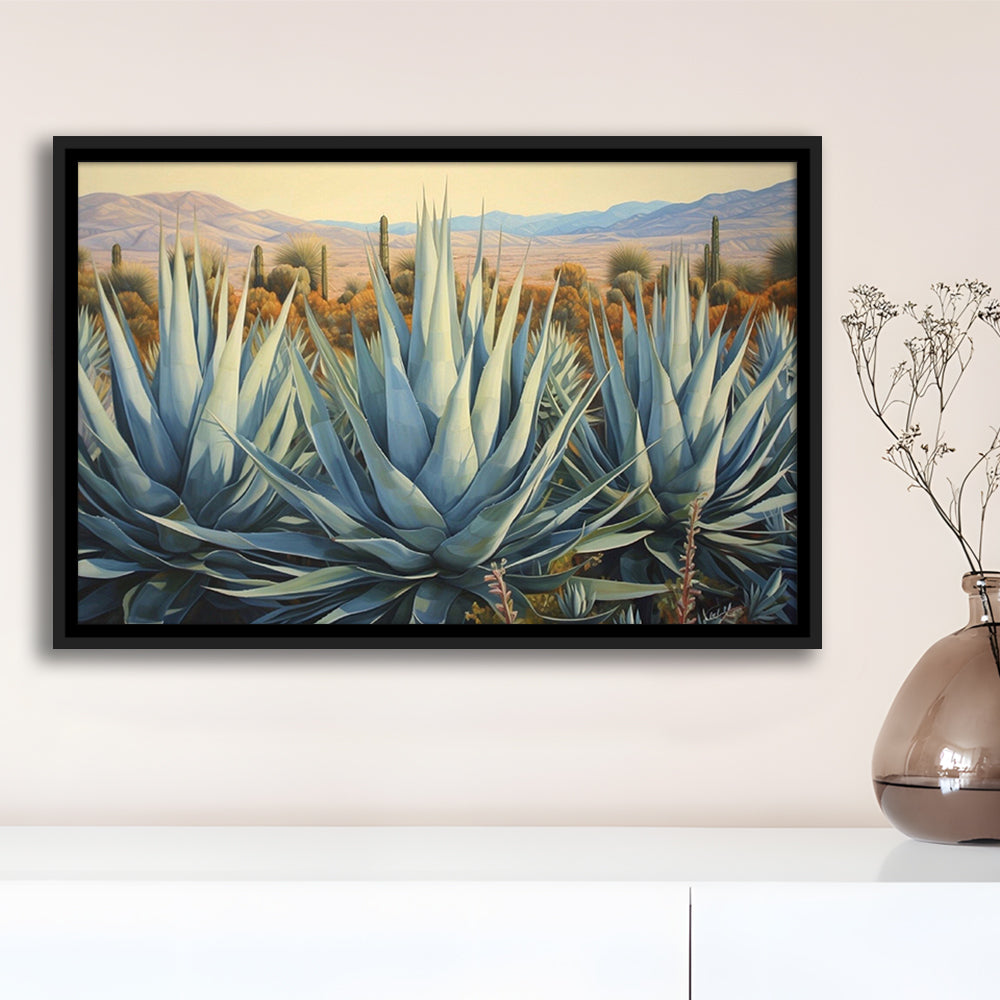 Desert Agave Printed On Canvas, Horizontal Painting Southwestern Decor, Framed Canvas Print Wall Art, Floating Frame