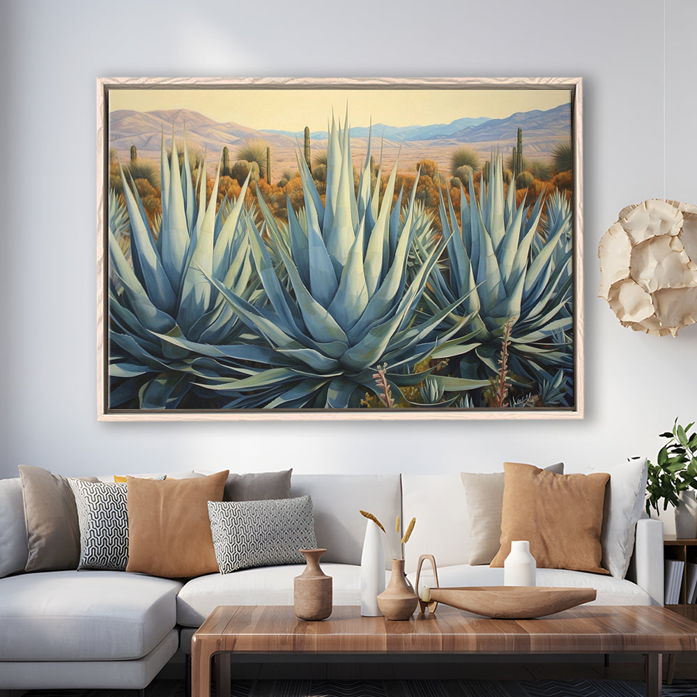 Desert Agave Printed On Canvas, Horizontal Painting Southwestern Decor, Framed Canvas Print Wall Art, Floating Frame