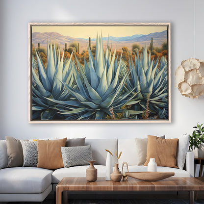 Desert Agave Printed On Canvas, Horizontal Painting Southwestern Decor, Framed Canvas Print Wall Art, Floating Frame