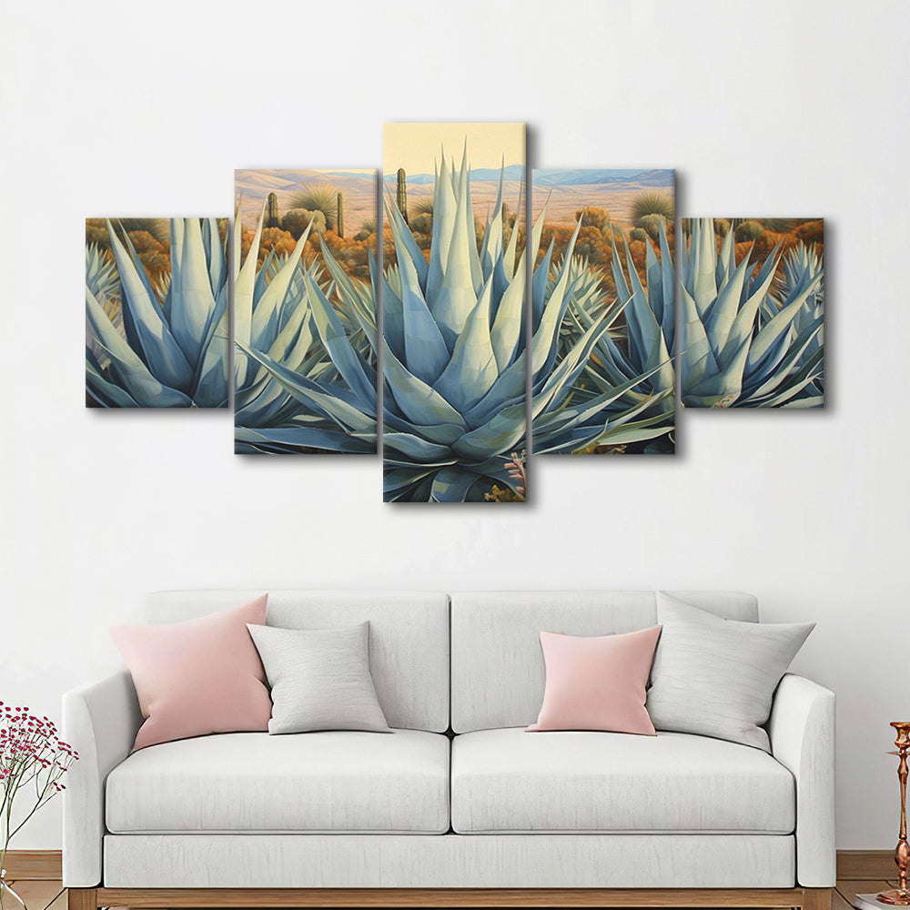 Desert Agave Printed On Canvas, Horizontal Painting Southwestern Decor, 5 Panel Mixed Canvas Print Wall Art, Large Canvas