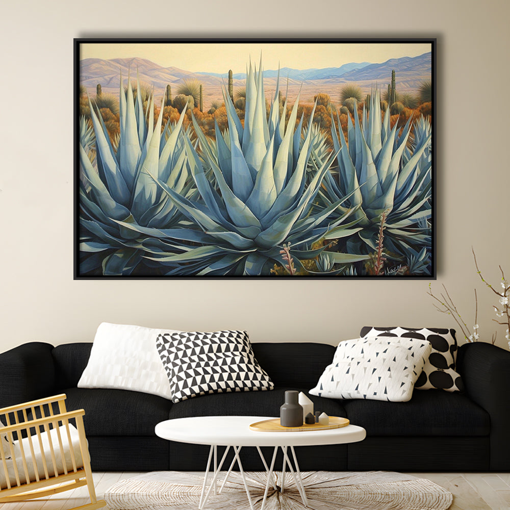Desert Agave Printed On Canvas, Horizontal Painting Southwestern Decor, Framed Canvas Print Wall Art, Floating Frame