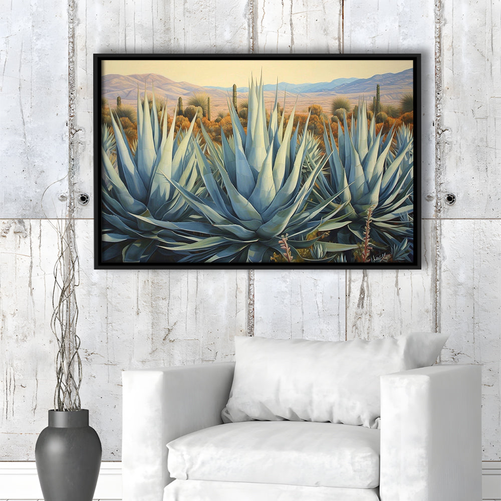 Desert Agave Printed On Canvas, Horizontal Painting Southwestern Decor, Framed Canvas Print Wall Art, Floating Frame
