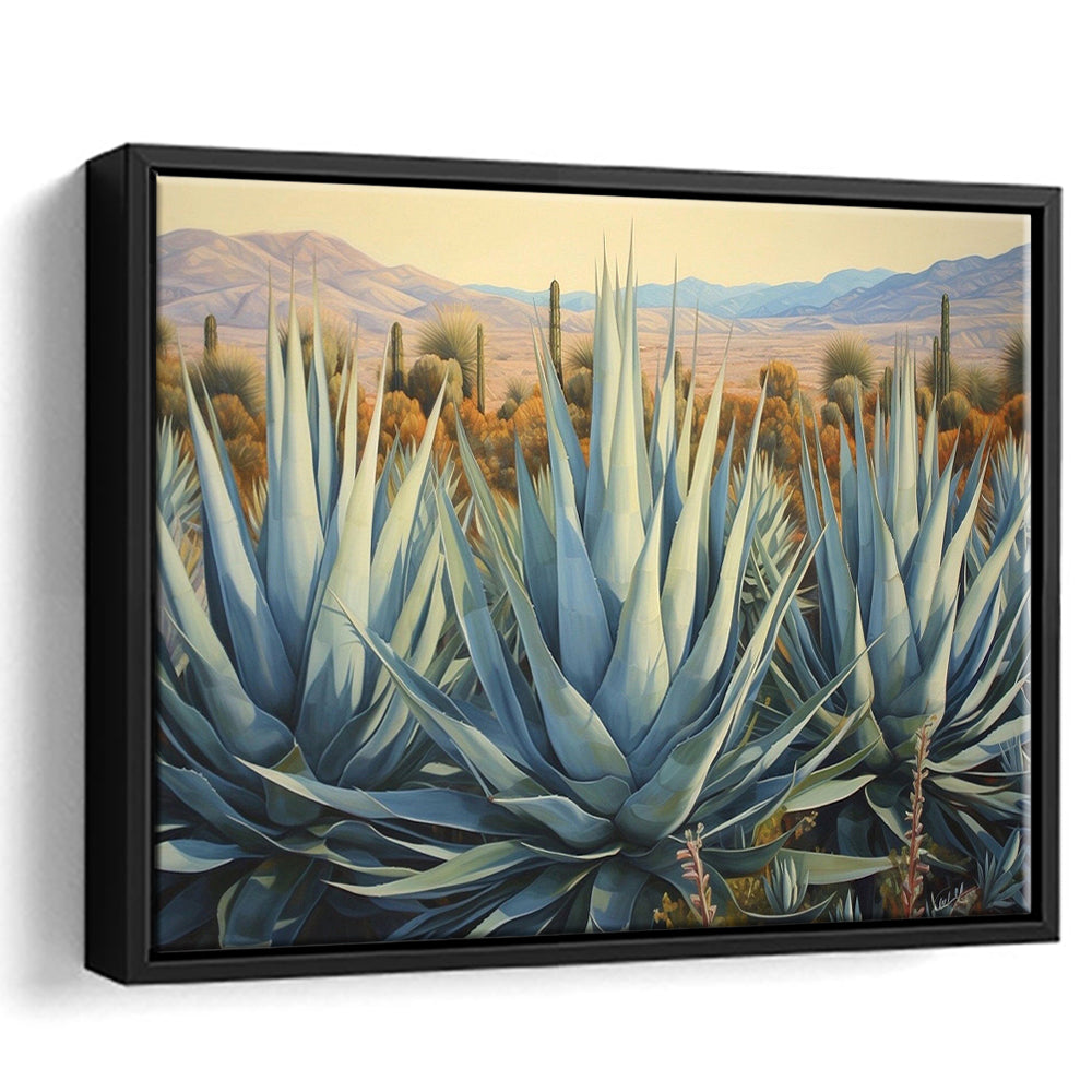 Desert Agave Printed On Canvas, Horizontal Painting Southwestern Decor, Framed Canvas Print Wall Art, Floating Frame