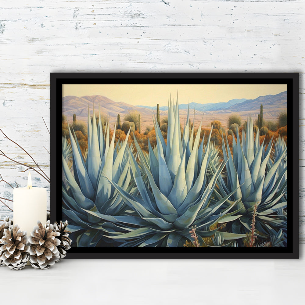 Desert Agave Printed On Canvas, Horizontal Painting Southwestern Decor, Framed Canvas Print Wall Art, Floating Frame