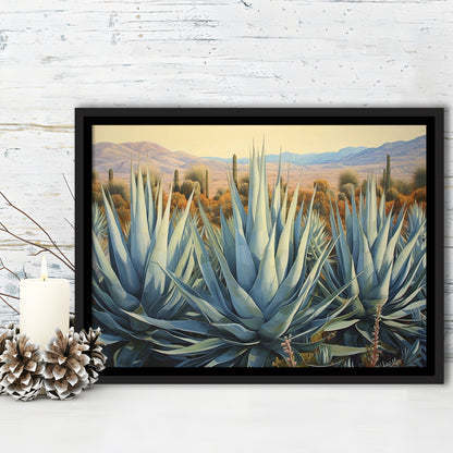 Desert Agave Printed On Canvas, Horizontal Painting Southwestern Decor, Framed Canvas Print Wall Art, Floating Frame