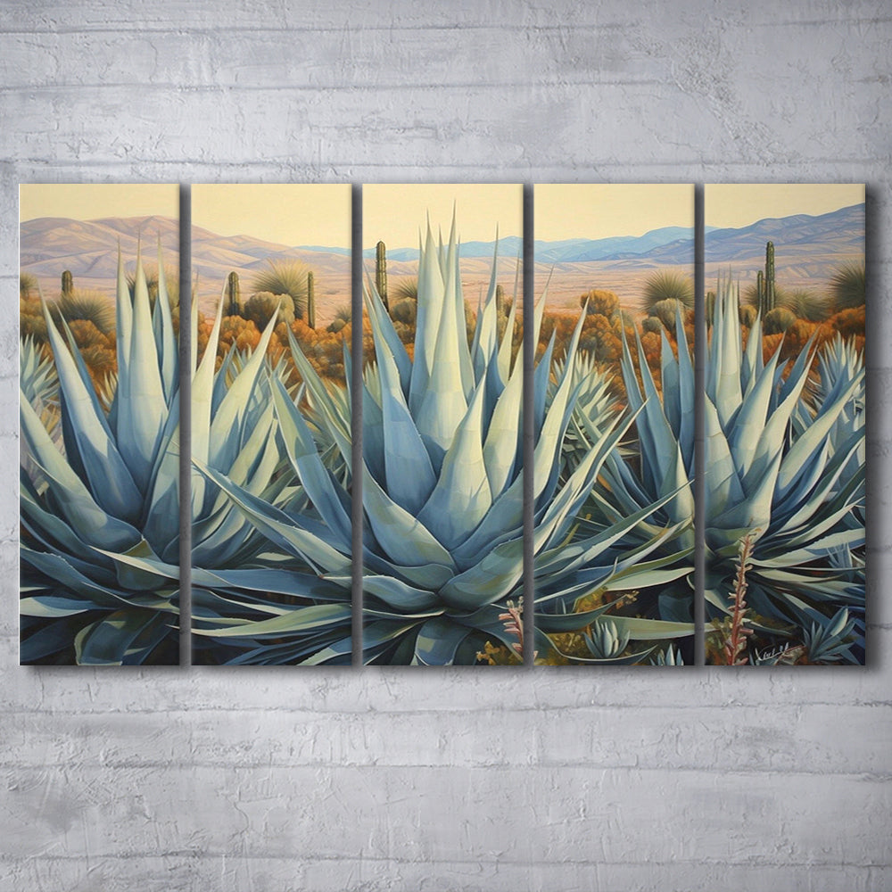 Desert Agave Printed On Canvas, Horizontal Painting Southwestern Decor, 5 Panel B Canvas Print Wall Art, Extra Large Canvas