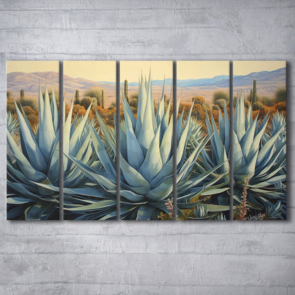 Desert Agave Printed On Canvas, Horizontal Painting Southwestern Decor, 5 Panel B Canvas Print Wall Art, Extra Large Canvas