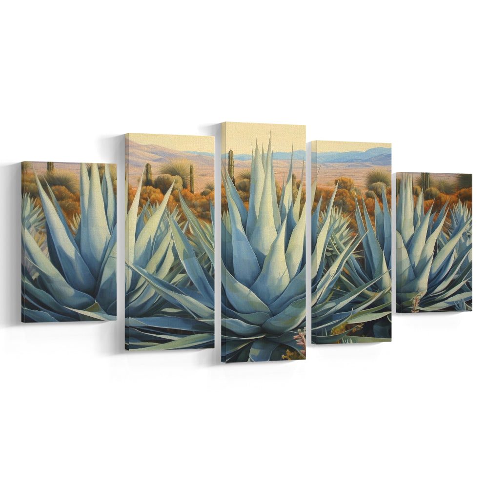 Desert Agave Printed On Canvas, Horizontal Painting Southwestern Decor, 5 Panel Mixed Canvas Print Wall Art, Large Canvas