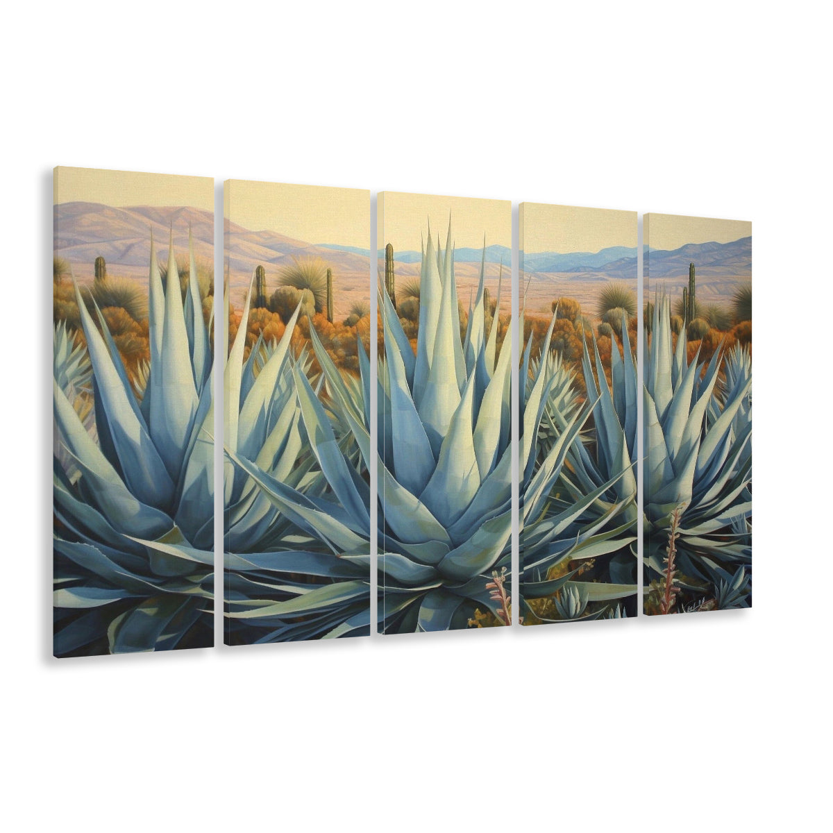 Desert Agave Printed On Canvas, Horizontal Painting Southwestern Decor, 5 Panel B Canvas Print Wall Art, Extra Large Canvas
