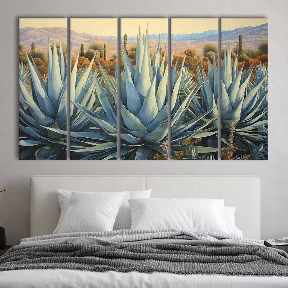 Desert Agave Printed On Canvas, Horizontal Painting Southwestern Decor, 5 Panel B Canvas Print Wall Art, Extra Large Canvas