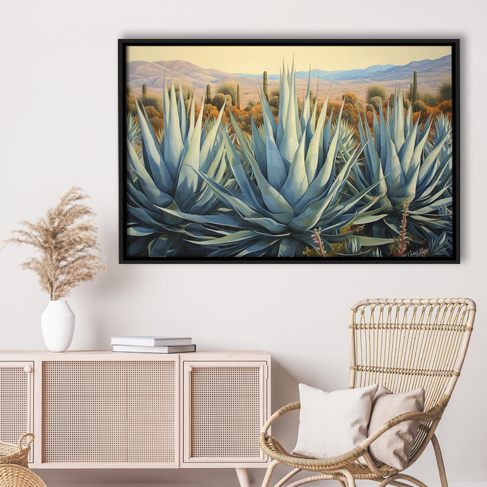 Desert Agave Printed On Canvas, Horizontal Painting Southwestern Decor, Framed Canvas Print Wall Art, Floating Frame