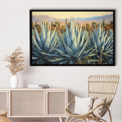 Desert Agave Printed On Canvas, Horizontal Painting Southwestern Decor, Framed Canvas Print Wall Art, Floating Frame