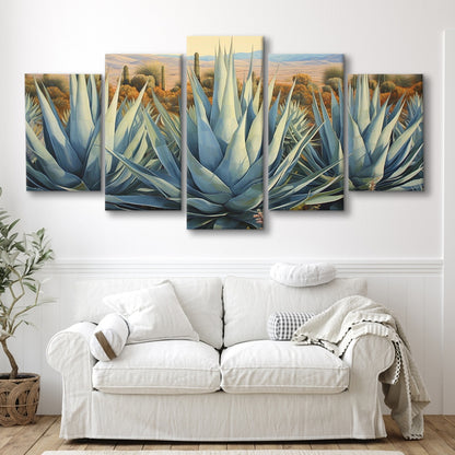 Desert Agave Printed On Canvas, Horizontal Painting Southwestern Decor, 5 Panel Mixed Canvas Print Wall Art, Large Canvas