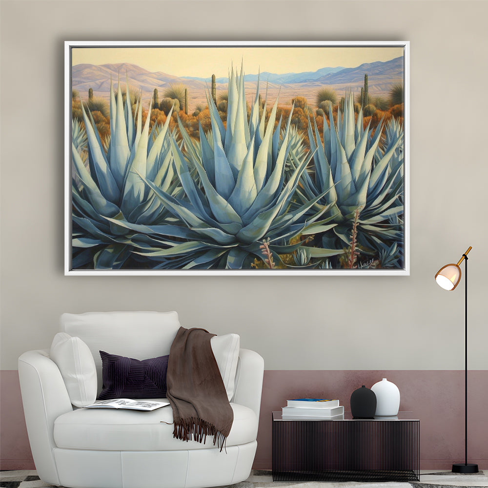Desert Agave Printed On Canvas, Horizontal Painting Southwestern Decor, Framed Canvas Print Wall Art, Floating Frame