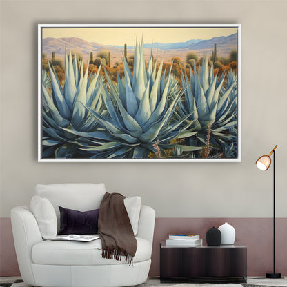 Desert Agave Printed On Canvas, Horizontal Painting Southwestern Decor, Framed Canvas Print Wall Art, Floating Frame