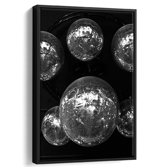 Disco Ball Party Framed Canvas Print Wall Art, Retro Vintage Print, Black and White, 70s Retro Wall Decor, Bar Wall Decor