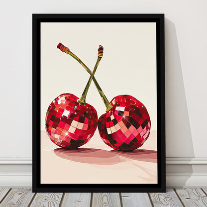 Disco Cherries Art Print,Disco Ball Red Cherries,Vintage Dorm Room, Framed Canvas Print Wall Art, Floating Frame