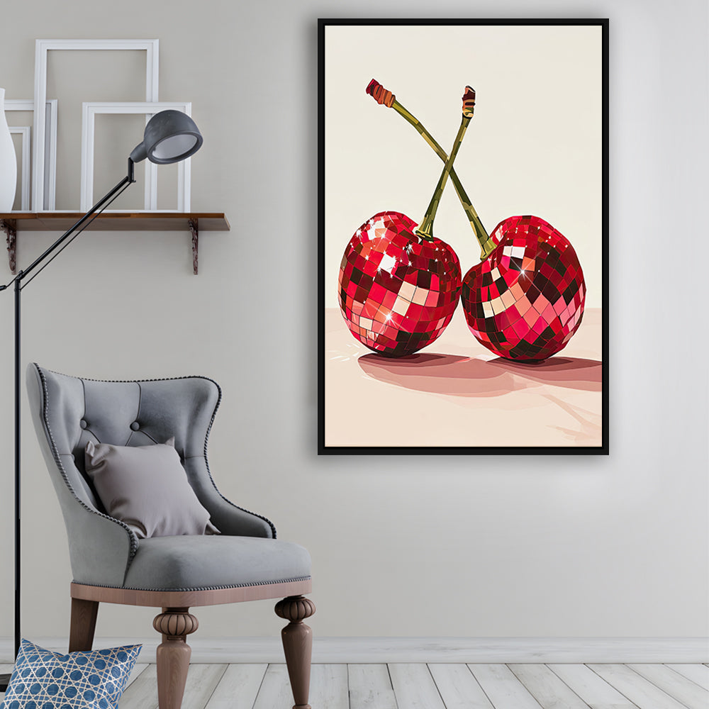 Disco Cherries Art Print,Disco Ball Red Cherries,Vintage Dorm Room, Framed Canvas Print Wall Art, Floating Frame