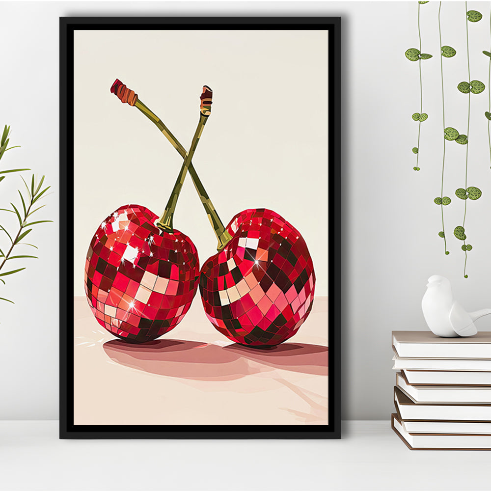 Disco Cherries Art Print,Disco Ball Red Cherries,Vintage Dorm Room, Framed Canvas Print Wall Art, Floating Frame