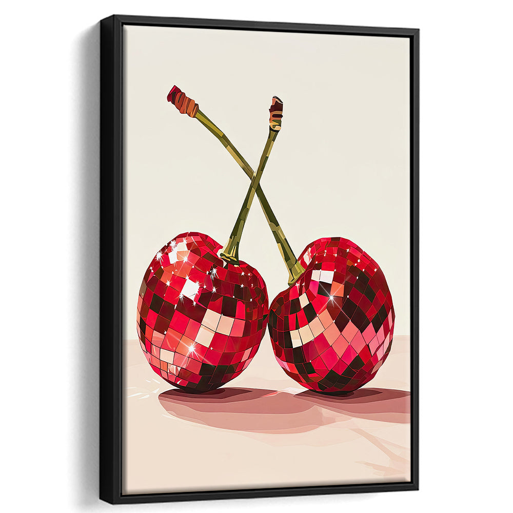 Disco Cherries Art Print,Disco Ball Red Cherries,Vintage Dorm Room, Framed Canvas Print Wall Art, Floating Frame
