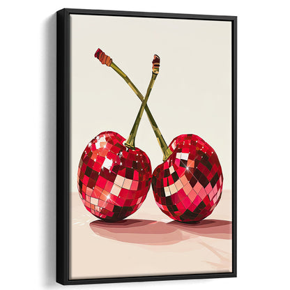 Disco Cherries Art Print,Disco Ball Red Cherries,Vintage Dorm Room, Framed Canvas Print Wall Art, Floating Frame