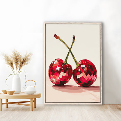 Disco Cherries Art Print,Disco Ball Red Cherries,Vintage Dorm Room, Framed Canvas Print Wall Art, Floating Frame