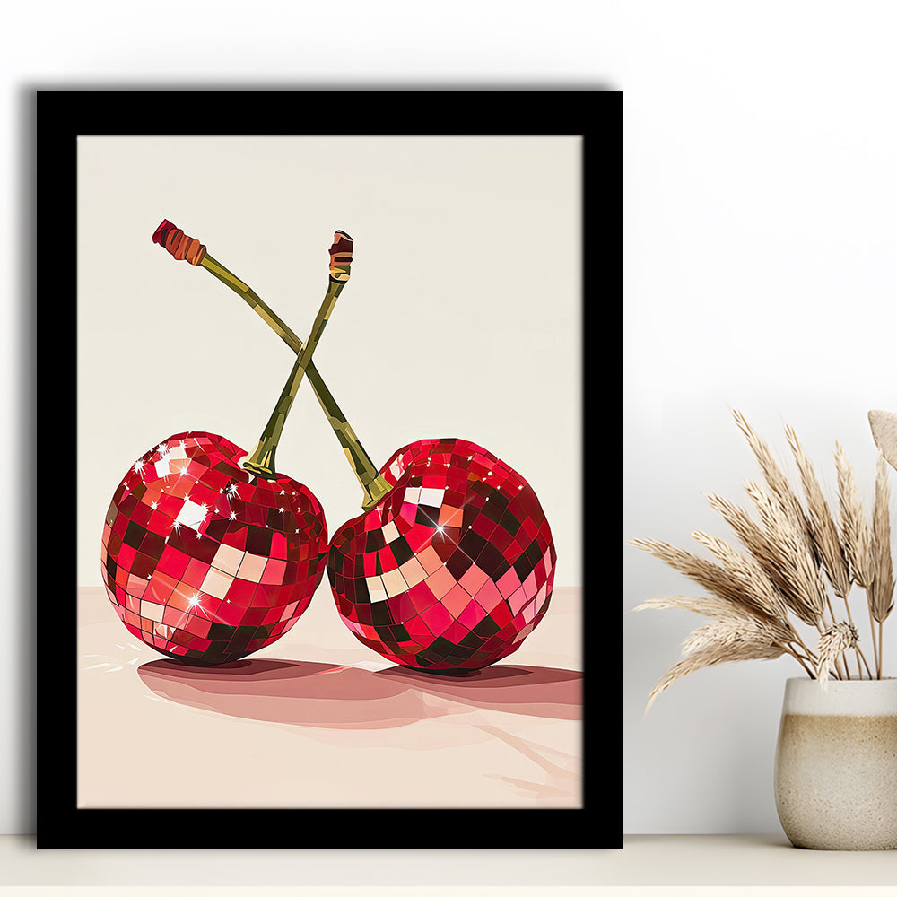 Disco Cherries Art Print,Disco Ball Red Cherries,Vintage Dorm Room, Framed Art Print Wall Decor, Picture Framed
