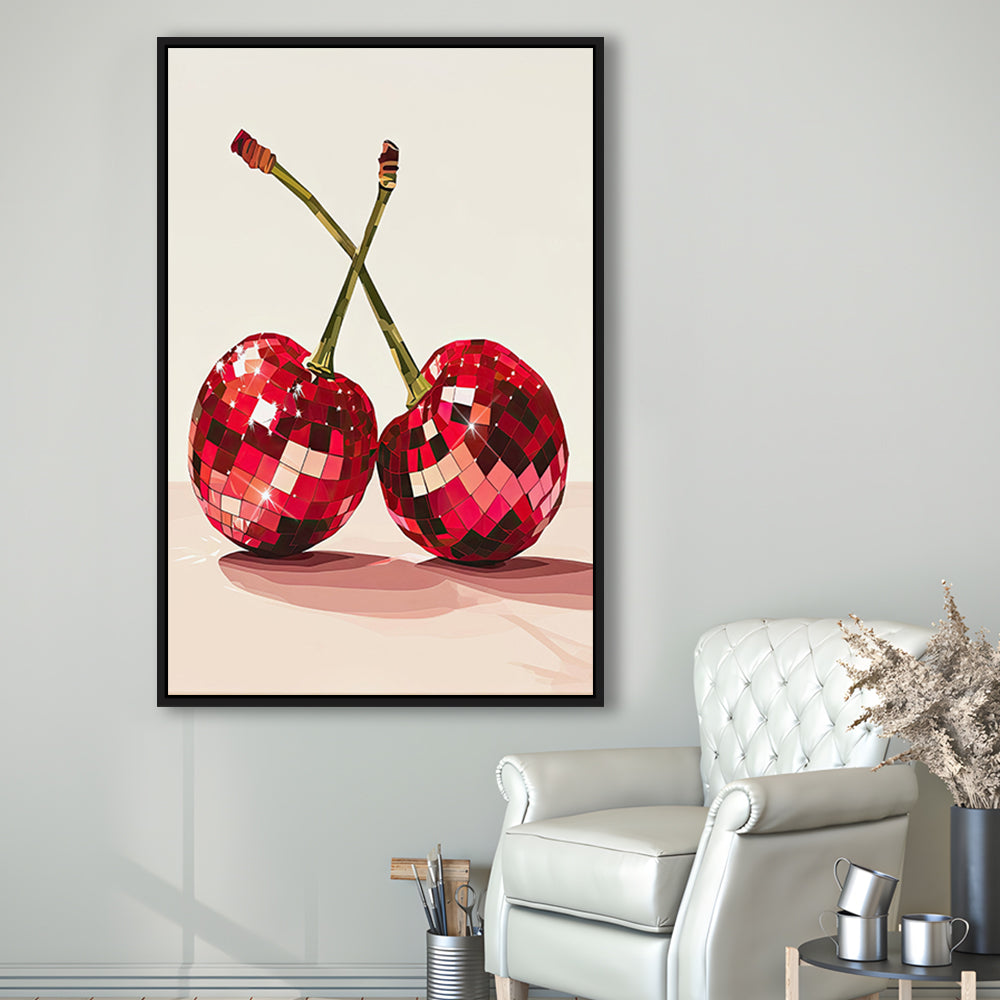Disco Cherries Art Print,Disco Ball Red Cherries,Vintage Dorm Room, Framed Canvas Print Wall Art, Floating Frame