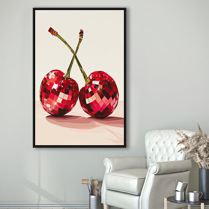 Disco Cherries Art Print,Disco Ball Red Cherries,Vintage Dorm Room, Framed Canvas Print Wall Art, Floating Frame
