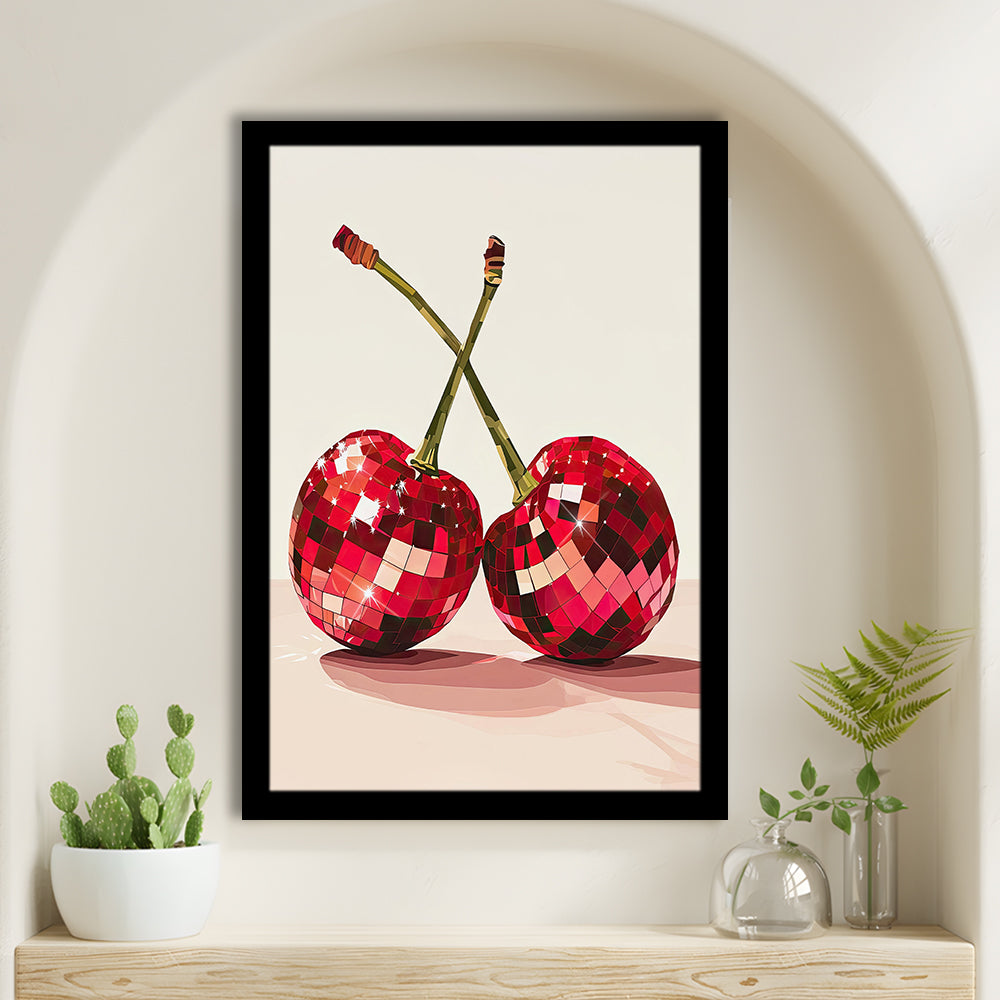 Disco Cherries Art Print,Disco Ball Red Cherries,Vintage Dorm Room, Framed Art Print Wall Decor, Picture Framed