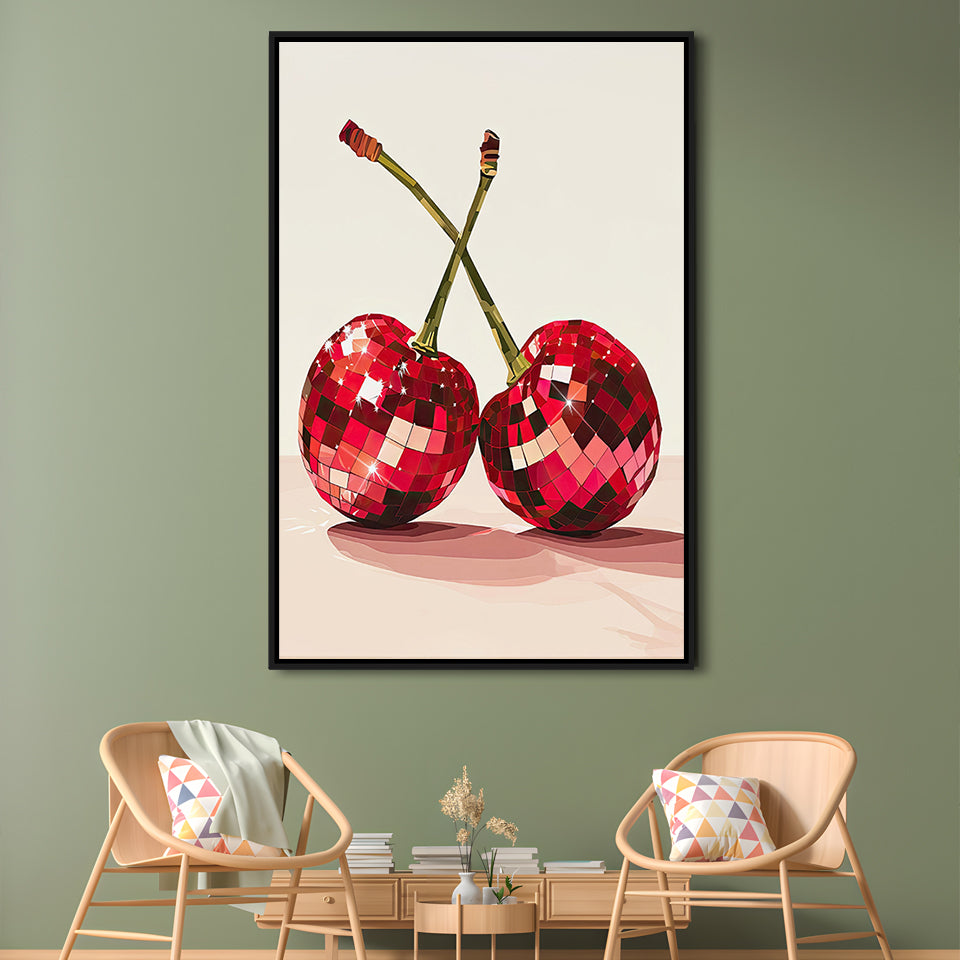 Disco Cherries Art Print,Disco Ball Red Cherries,Vintage Dorm Room, Framed Canvas Print Wall Art, Floating Frame