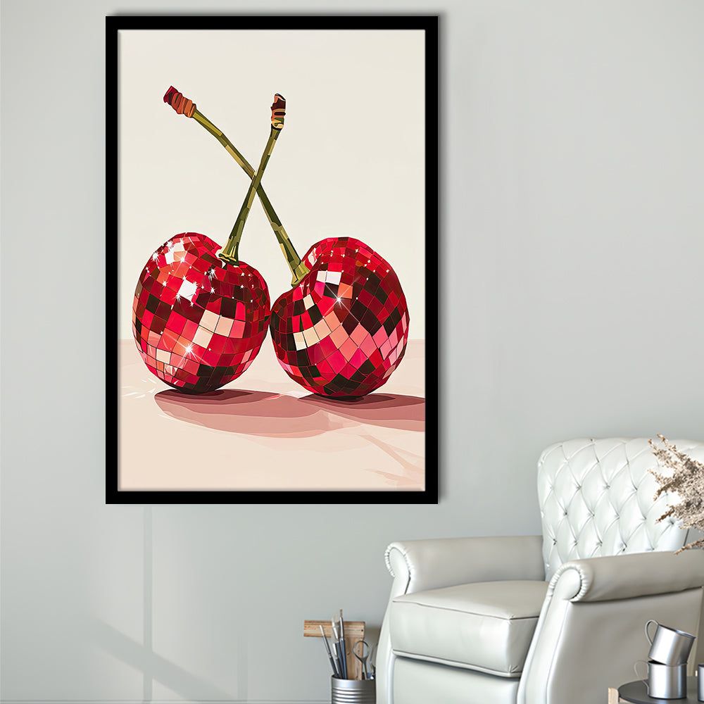 Disco Cherries Art Print,Disco Ball Red Cherries,Vintage Dorm Room, Framed Art Print Wall Decor, Picture Framed
