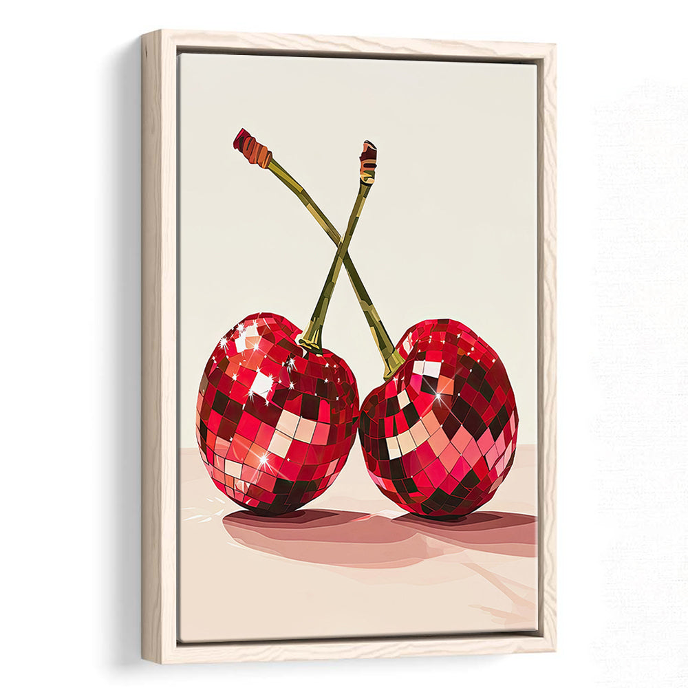 Disco Cherries Art Print,Disco Ball Red Cherries,Vintage Dorm Room, Framed Canvas Print Wall Art, Floating Frame