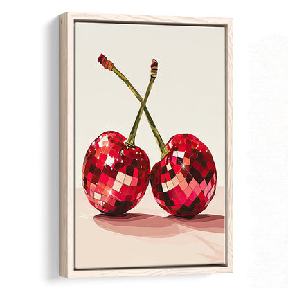 Disco Cherries Art Print,Disco Ball Red Cherries,Vintage Dorm Room, Framed Canvas Print Wall Art, Floating Frame