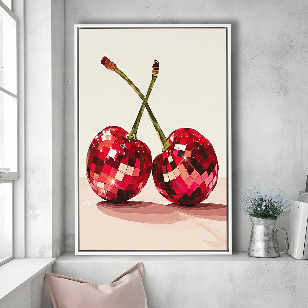 Disco Cherries Art Print,Disco Ball Red Cherries,Vintage Dorm Room, Framed Canvas Print Wall Art, Floating Frame