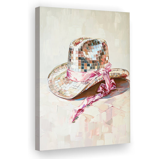 Disco Cowgirl Hat Art Print Disco Ball Glam Cowgirl Hat Pink Preppy, Canvas Print Wall Art, Wall Decor, Painting Canvas