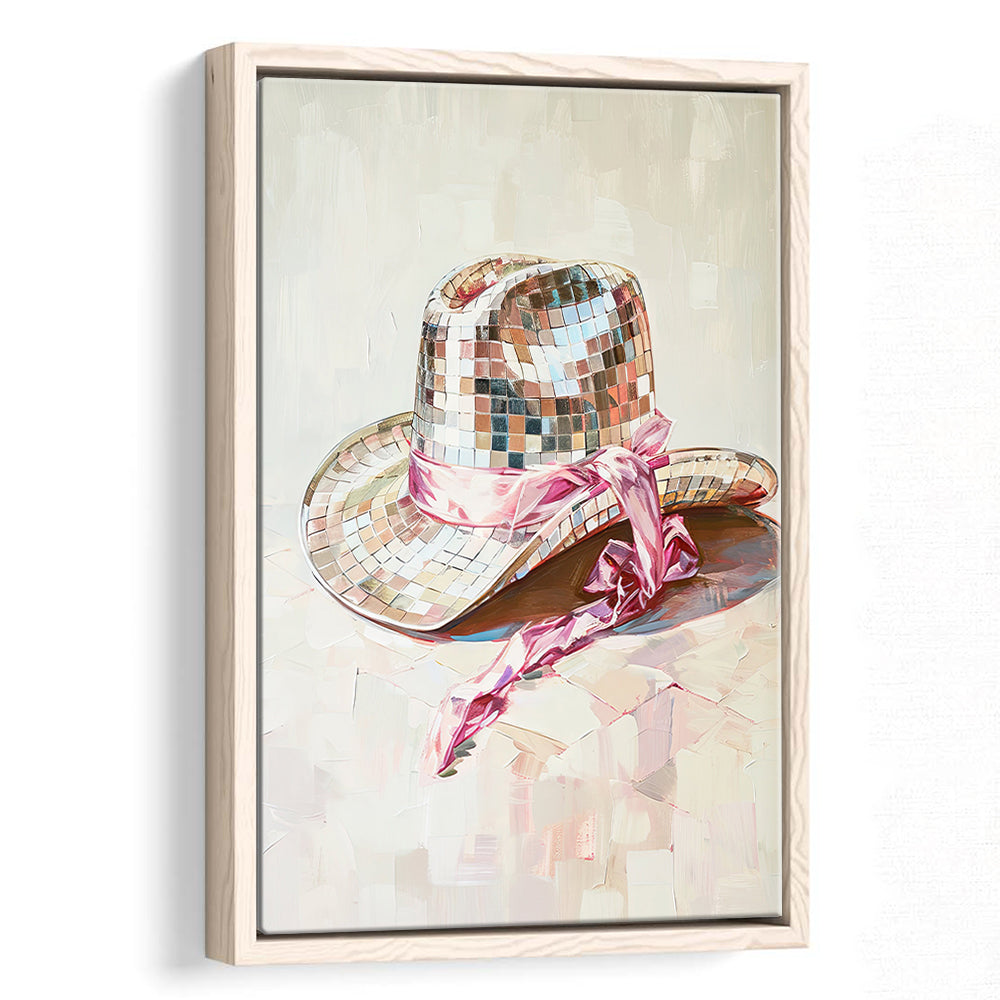 Disco Cowgirl Hat Art Print Disco Ball Glam Cowgirl Hat Pink Preppy, Framed Canvas Print Wall Art, Floating Frame