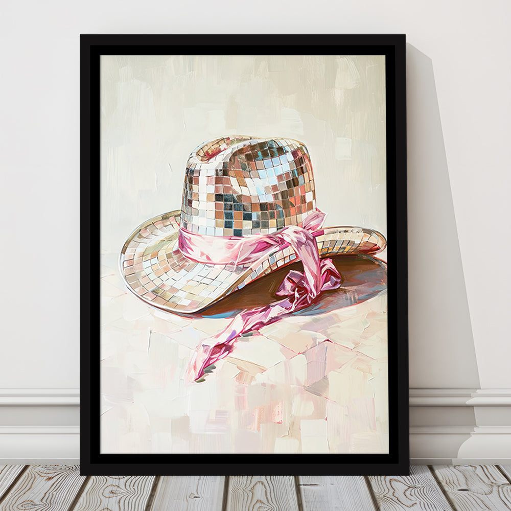Disco Cowgirl Hat Art Print Disco Ball Glam Cowgirl Hat Pink Preppy, Framed Canvas Print Wall Art, Floating Frame