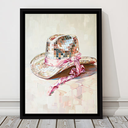 Disco Cowgirl Hat Art Print Disco Ball Glam Cowgirl Hat Pink Preppy, Framed Canvas Print Wall Art, Floating Frame