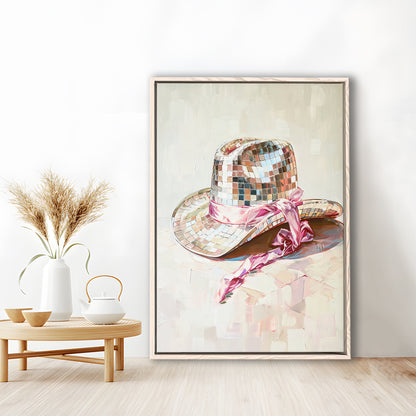 Disco Cowgirl Hat Art Print Disco Ball Glam Cowgirl Hat Pink Preppy, Framed Canvas Print Wall Art, Floating Frame