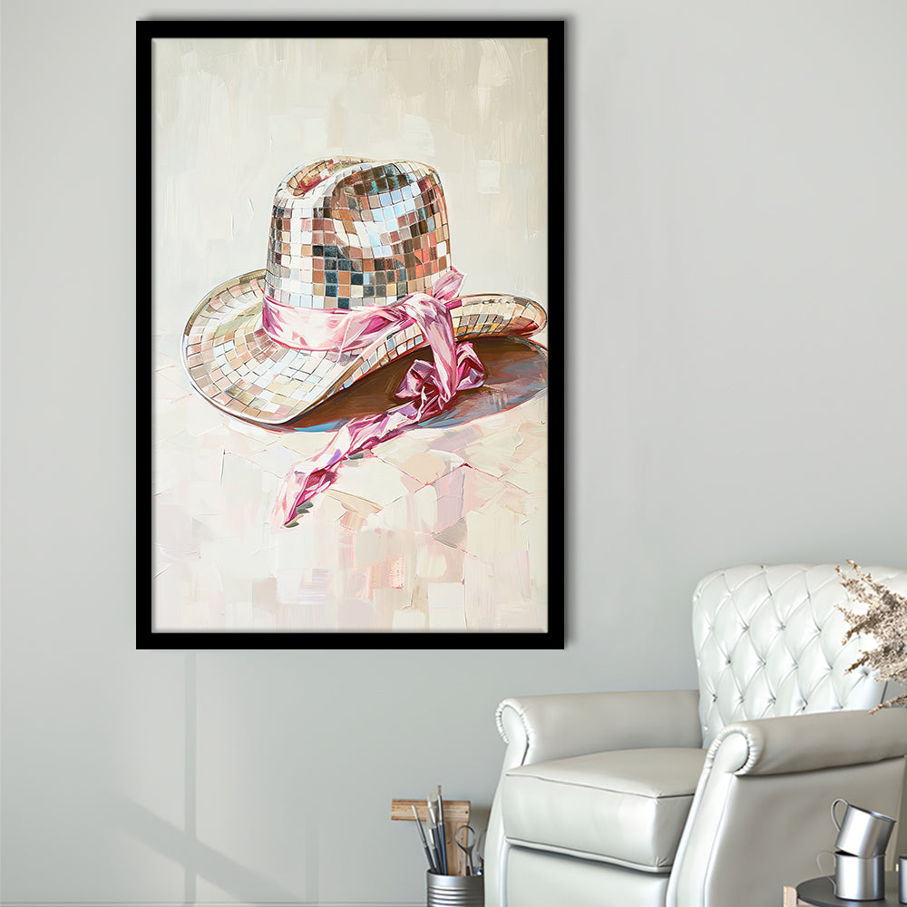 Disco Cowgirl Hat Art Print Disco Ball Glam Cowgirl Hat Pink Preppy, Framed Art Print Wall Decor, Picture Framed