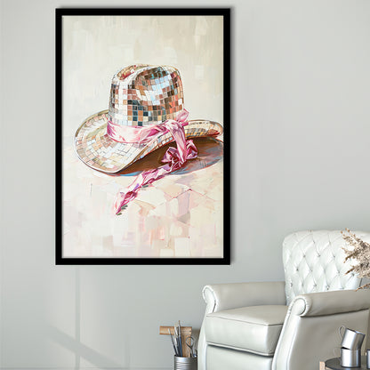 Disco Cowgirl Hat Art Print Disco Ball Glam Cowgirl Hat Pink Preppy, Framed Art Print Wall Decor, Picture Framed