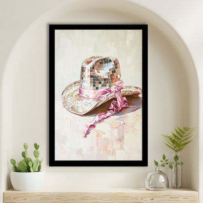 Disco Cowgirl Hat Art Print Disco Ball Glam Cowgirl Hat Pink Preppy, Framed Art Print Wall Decor, Picture Framed