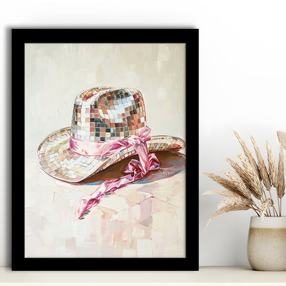 Disco Cowgirl Hat Art Print Disco Ball Glam Cowgirl Hat Pink Preppy, Framed Art Print Wall Decor, Picture Framed