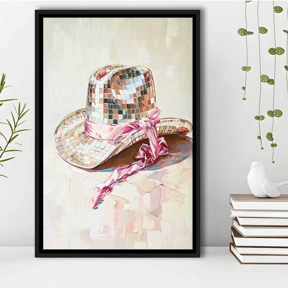 Disco Cowgirl Hat Art Print Disco Ball Glam Cowgirl Hat Pink Preppy, Framed Canvas Print Wall Art, Floating Frame