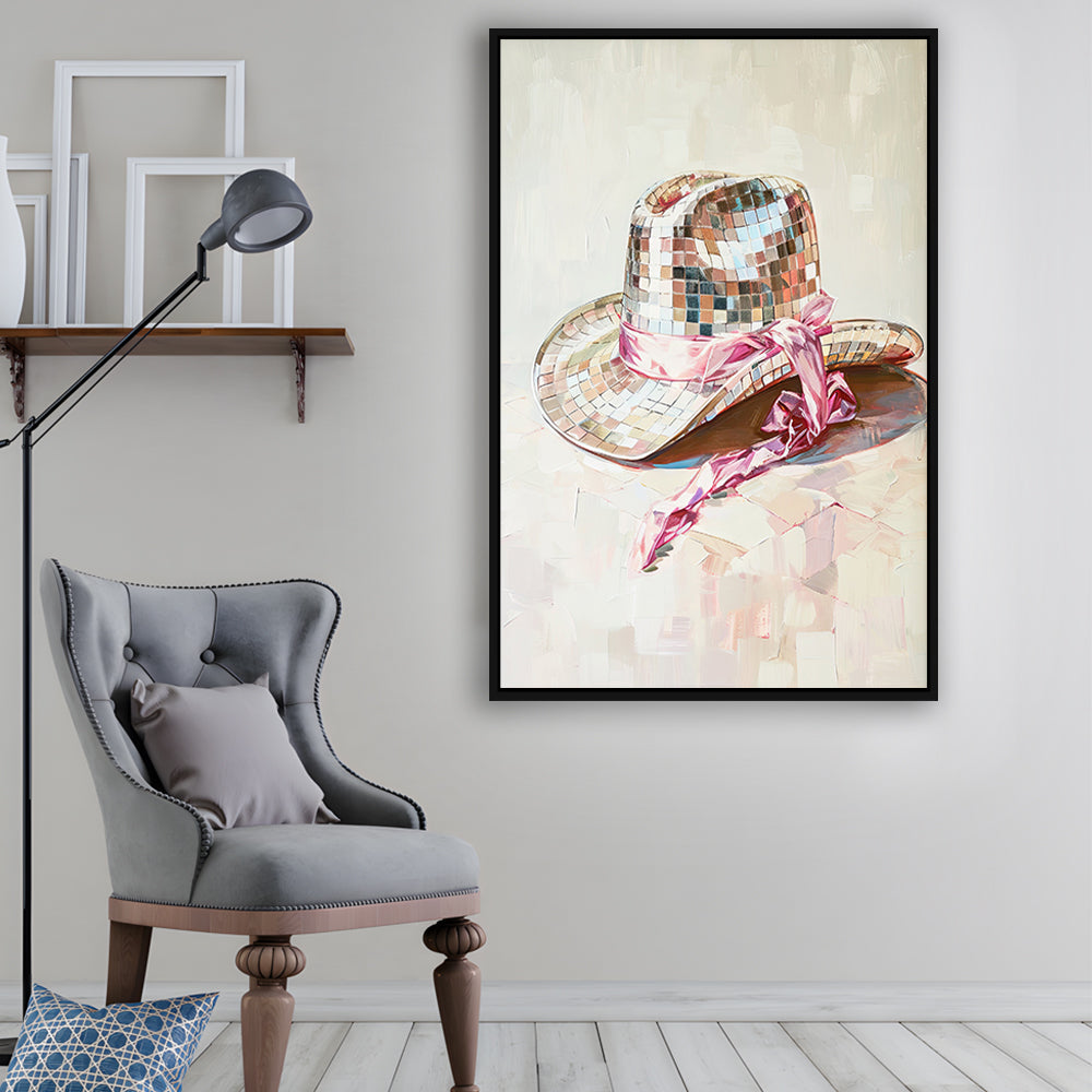 Disco Cowgirl Hat Art Print Disco Ball Glam Cowgirl Hat Pink Preppy, Framed Canvas Print Wall Art, Floating Frame